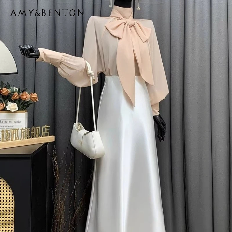 

French Design Lotus Root Pink Chiffon Lace-up Loose Women's Shirt 2026 Spring New White Temperament Long Skirts Suits Ladies