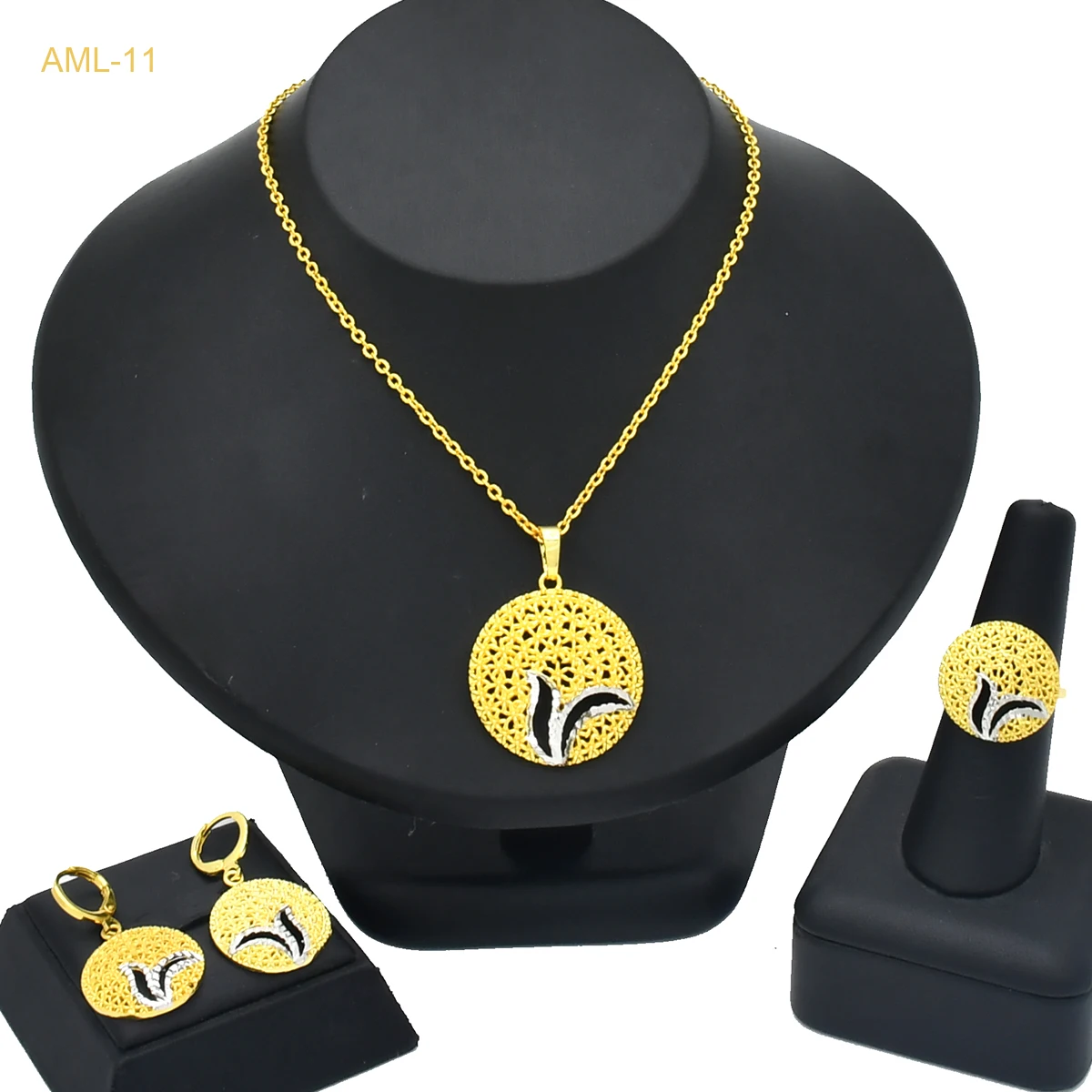 ANIID Indian Luxury 24k Gold Color Pendant Necklcae Earrings Ring Sets for Girl Ethiopian Wedding Chain Jewelry Set Bridal Gifts