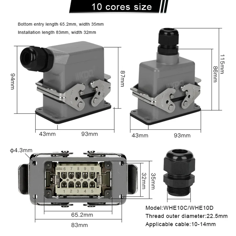 HDC-HE-010 Rectangular Heavy Duty Connector 10 Core Inserts Industrial Waterproof Cable Plug 16A 500V Top/Side Housing HE10