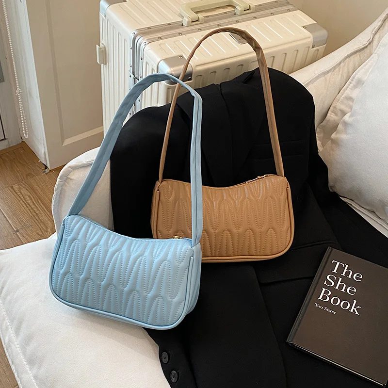 

New Fashionable Women Shoulder Bag PU Leather Solid Color Underarm Bag Street Wrinkle Design Handbag Key Phone Pouch Coin Purse