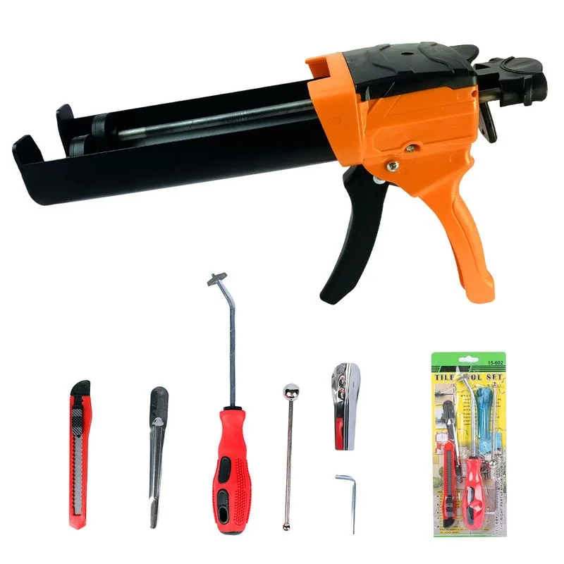 Manual Hydraulic Double Caulking Gun 400mL 1:1 Mix Ratio Dual Component Epoxy Dripless Applicator 6 Caulk Tile Grout