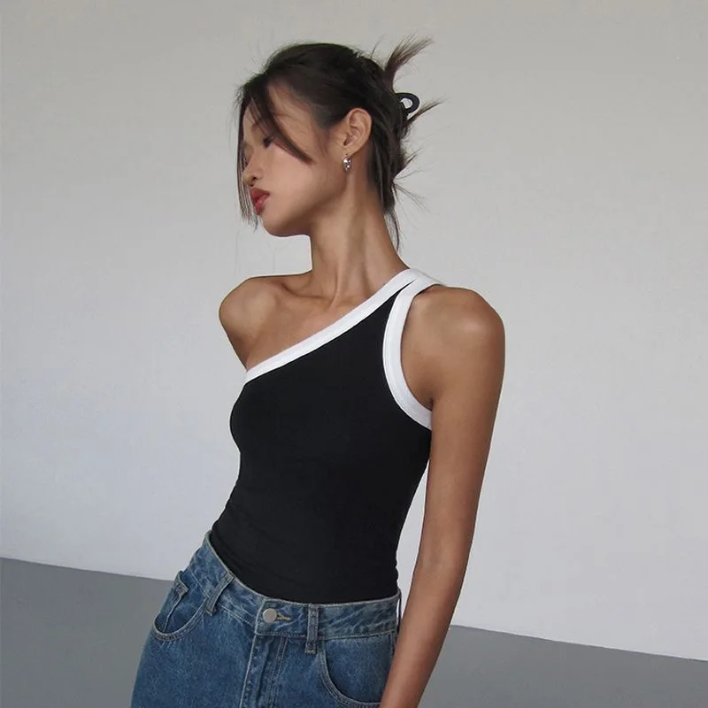 

Irregular Shoulder Straps Vest Casual Women Fashion 2024 Summer Fashion Vintage O Neck Sleeveless Female Chic Tops