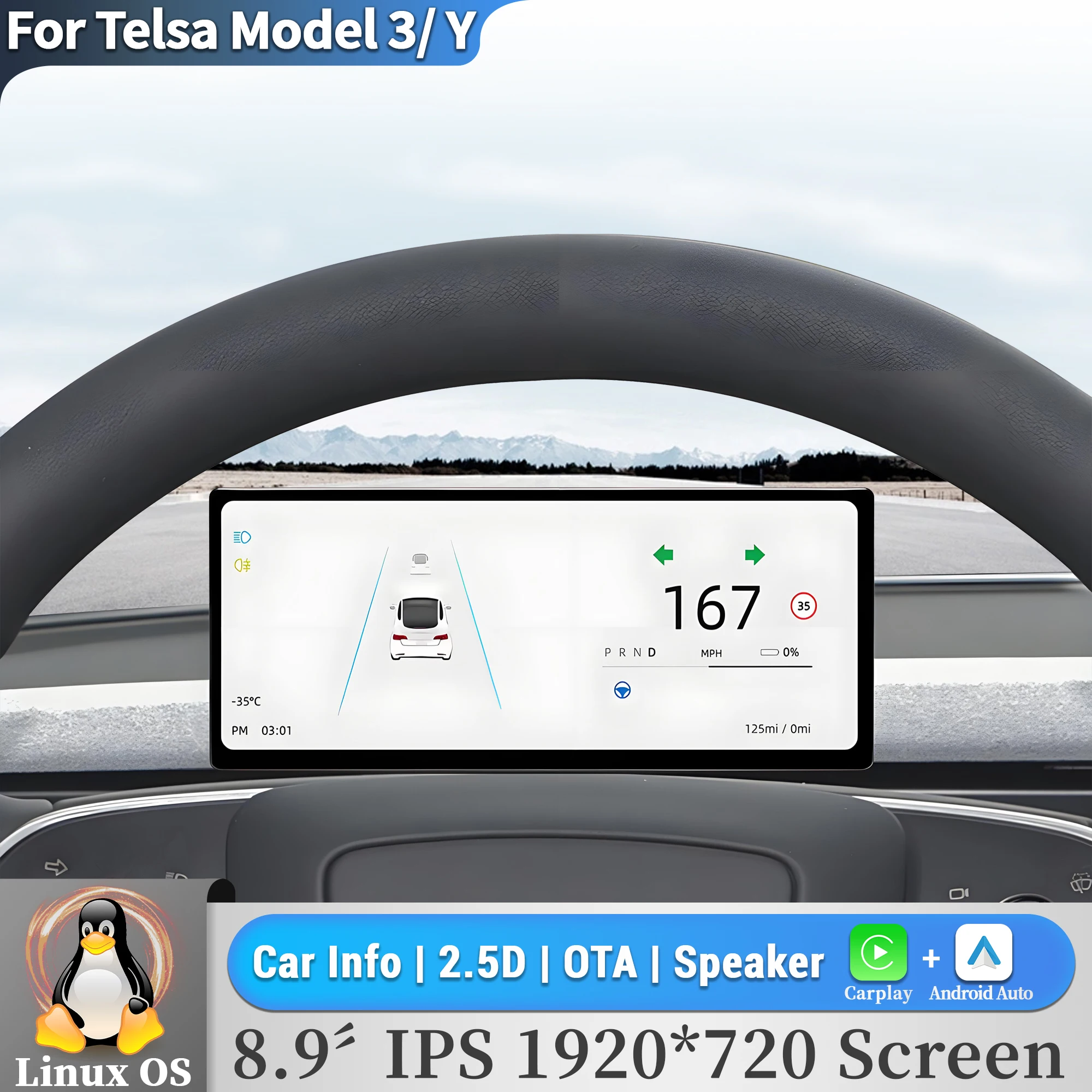 

8.9inch For Telsa Model Y 3 Wireless Bluetooth Carplay 4G GPS Car Radio Multimedia Navigation Head Unit Touch Screen Stereo