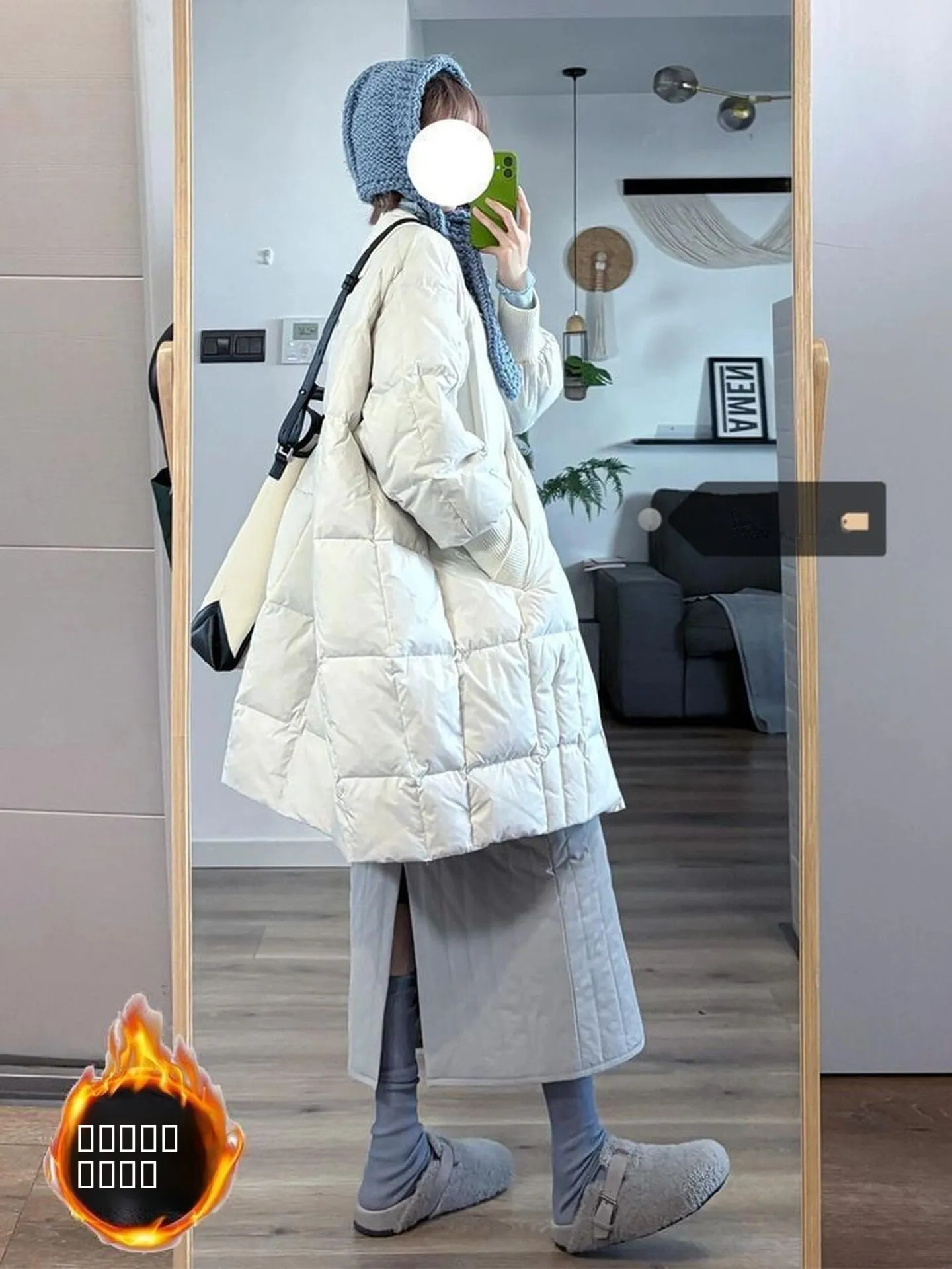

Ladies Thiened down Cotton Jaet Large Size Lazy Sle round Ne Winter Outerwear Windproof Warm Over-Knee Trendy Coat