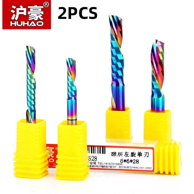 HUHAO 2PCS Single Flute Spiral Milling Cutter Cut down Cutter for Aluminum PVC MDF Cutter DLC Coating Engraving Bits CNC Tool