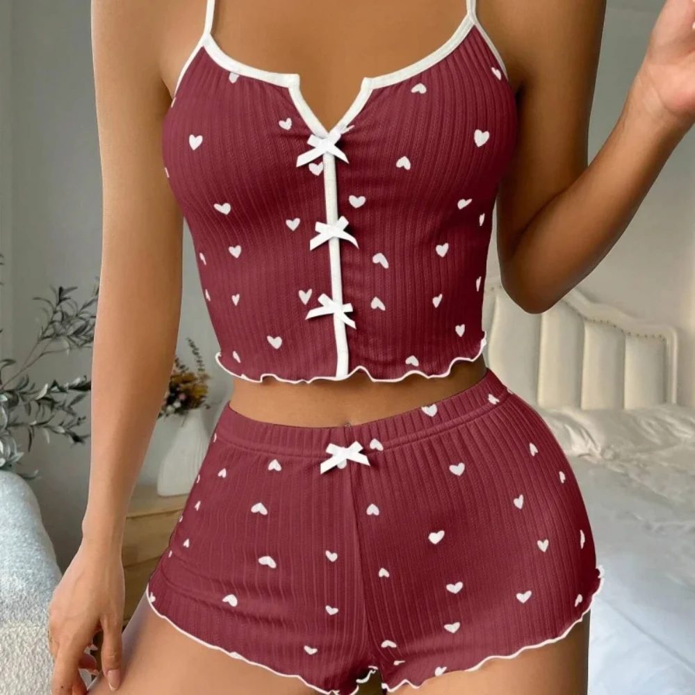 Women's Pajamas Set Sleepwear 2 PCS Short Tank Tops And Shorts S M L White Ventilate Soft Casual Love PrintingHeart shaped print