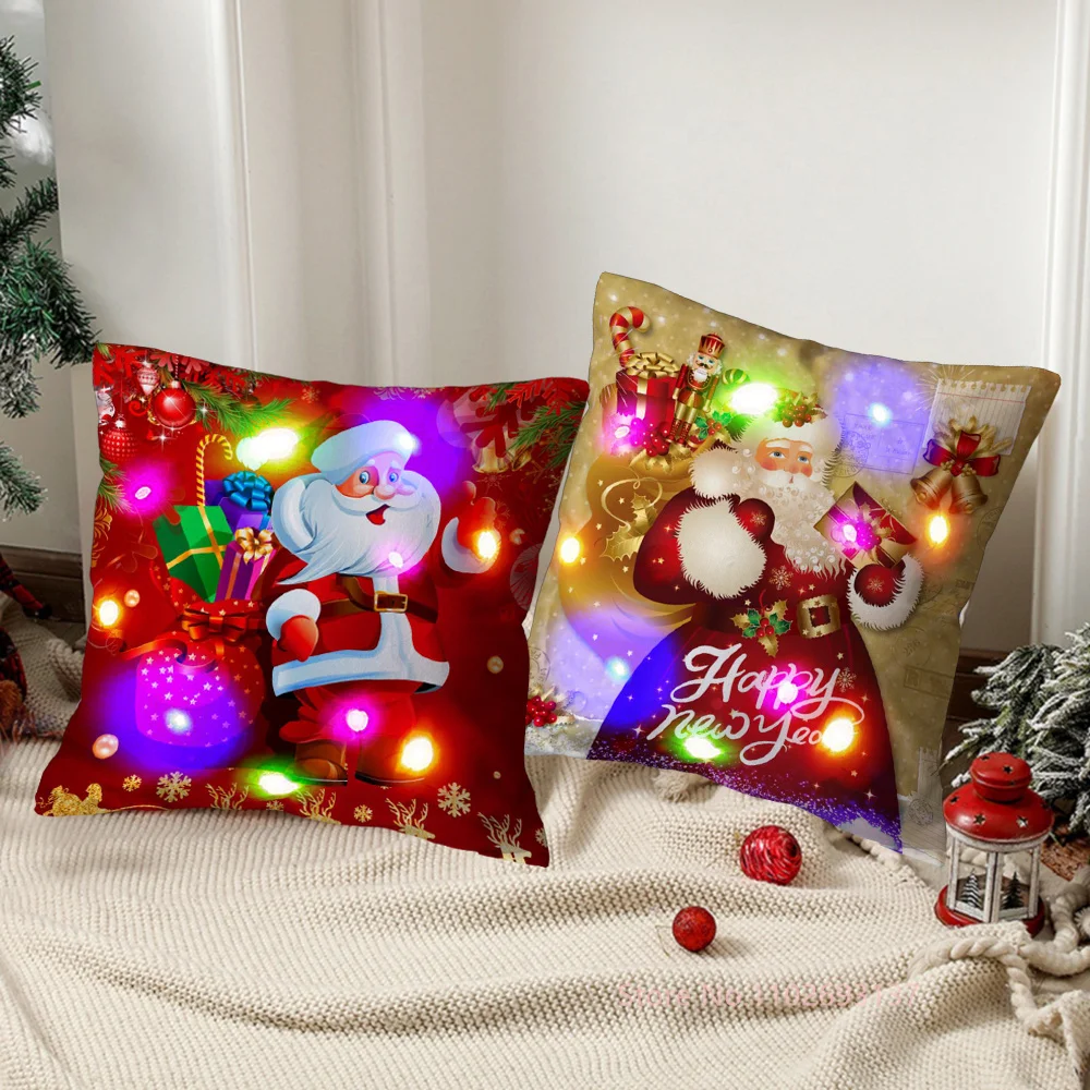 Funda de cojín con luz LED de Papá Noel, decoración navideña, almohada cuadrada para el hogar, cojín para sofá, almohada de