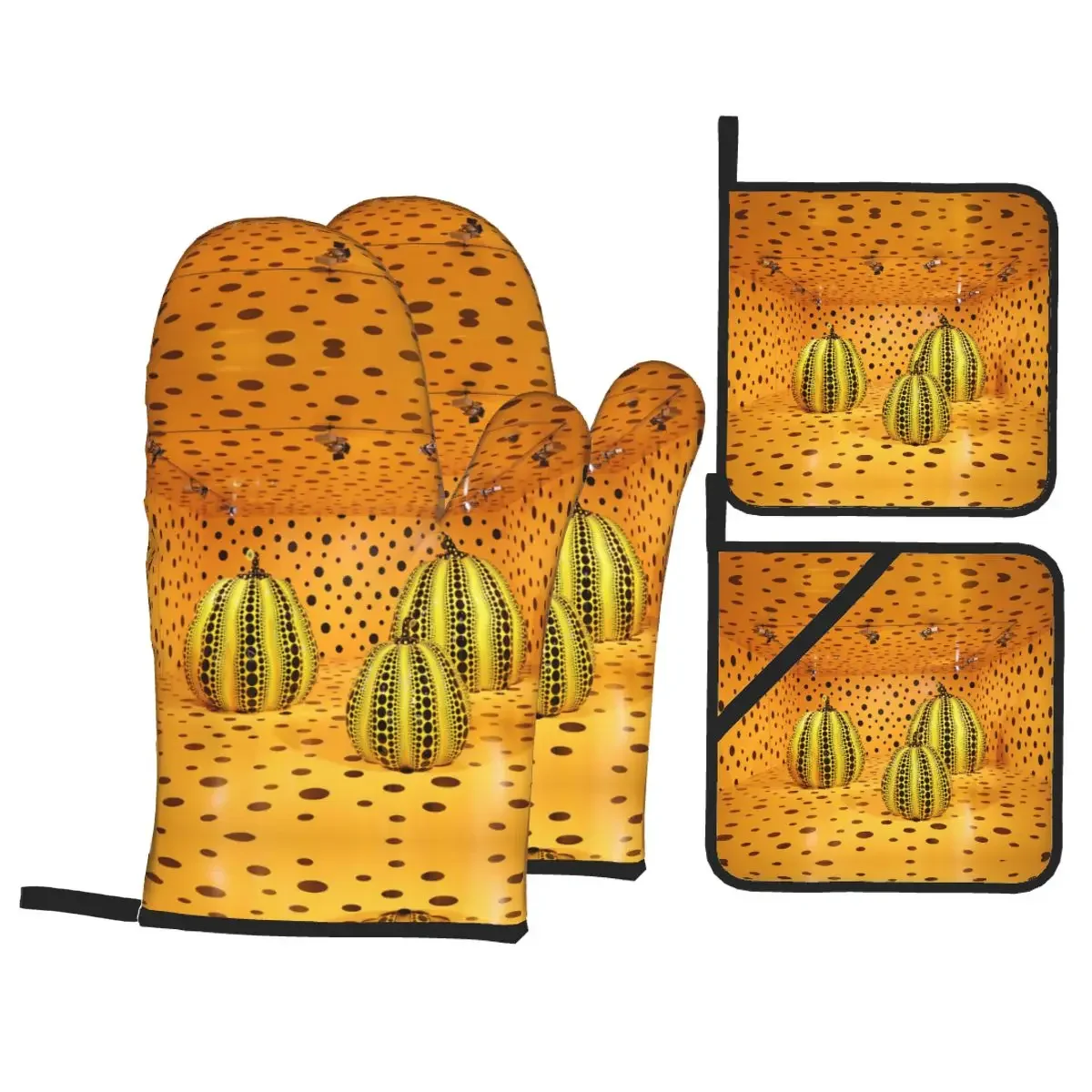 

Yayoi Kusama Pumkin Oven Mitts and Pot Holders 4pcs Set Heat Resistant BBQ Kitchen Gloves for Cooking Baking Grilling Potholder