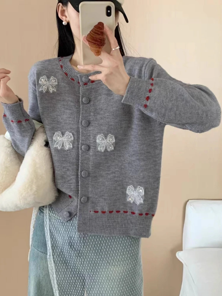 

Корейский модный кардиган с длинным рукавом, однобортный кружевной бант, лоскутные свитера, повседневные свободные вязаные топы, универсальная женская одежда