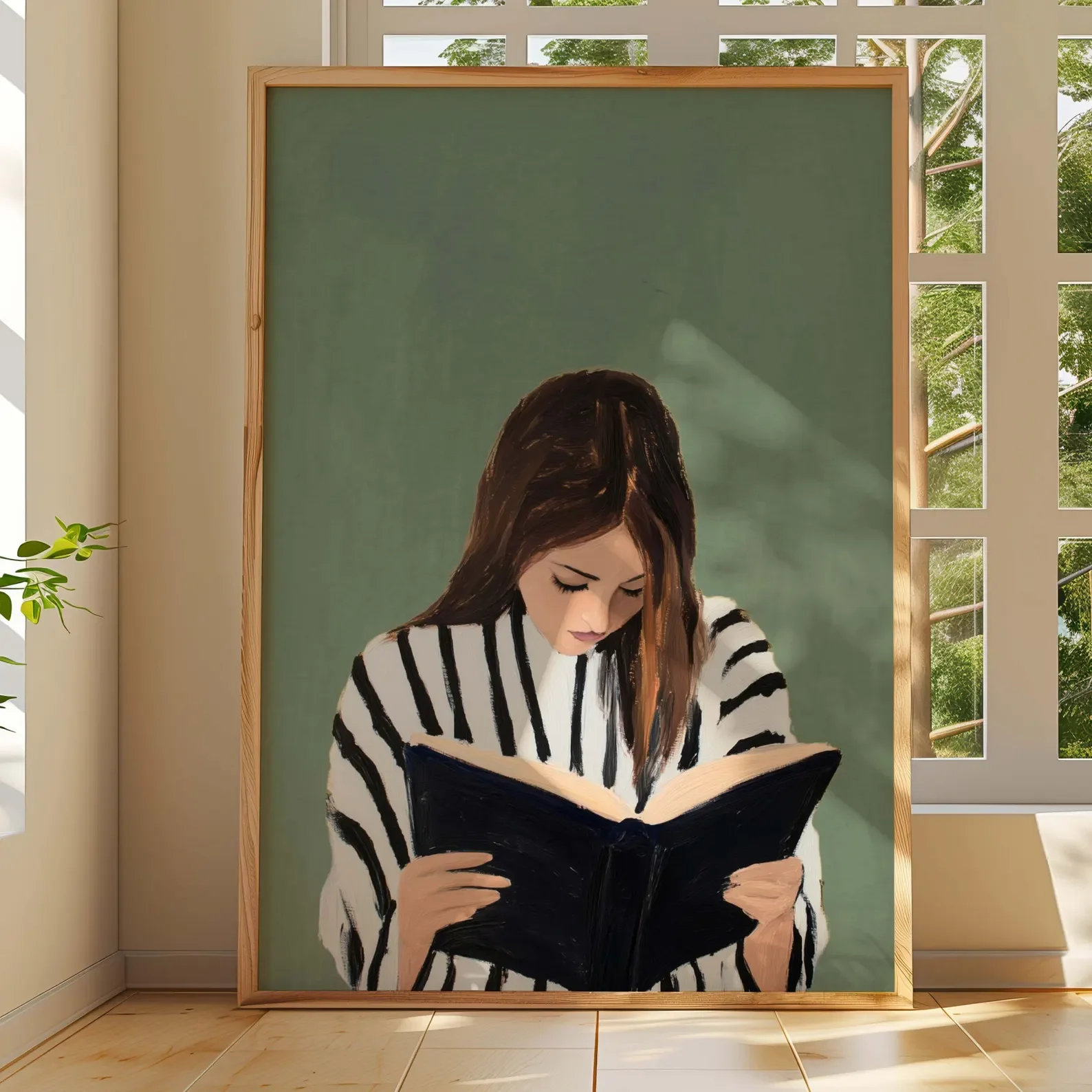 Green Woman Reading Wall Art, Reading Nook Decor, Stripe Female Print, Book Lover Gift, Colorful Art, Abstract People, Eclectic