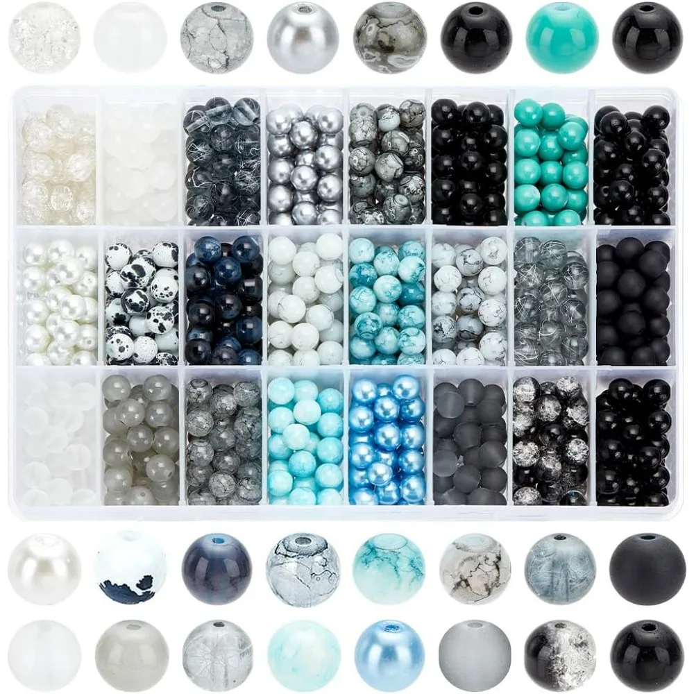 1080pcs 8mm Glass Beads 24 Color Black Bracelet Beads Rosary Beads Round Marble Loose Bead Crystal Spacers for Bracelet Earring