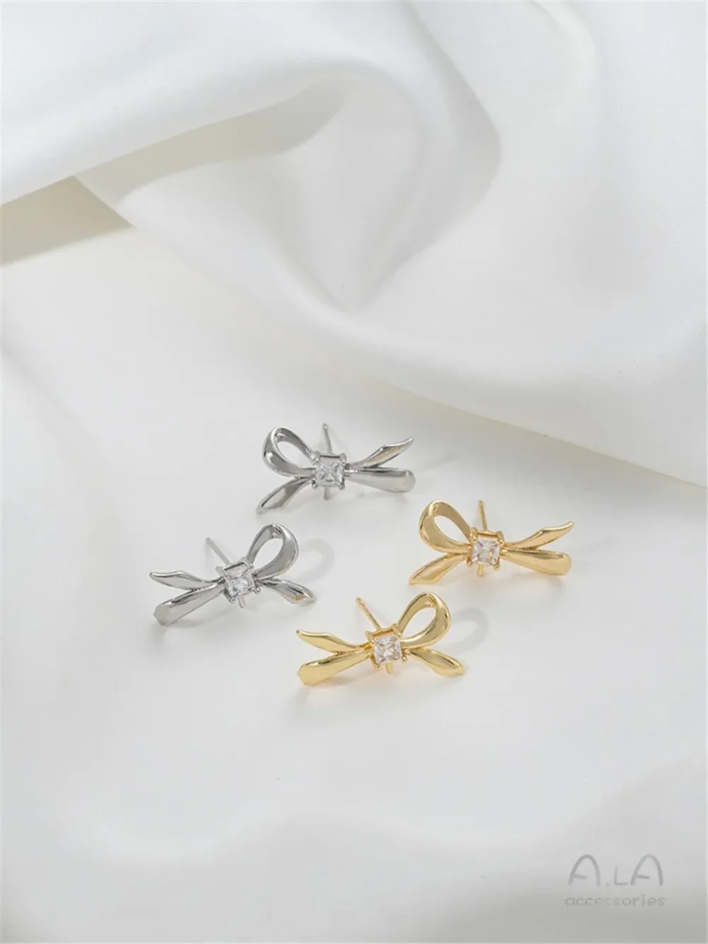 F414 14K Gold Plated Square Zircon Bow Half Hole Pearl Pin Studs, DIY Glue Pearl Earring Jewelry Accessories