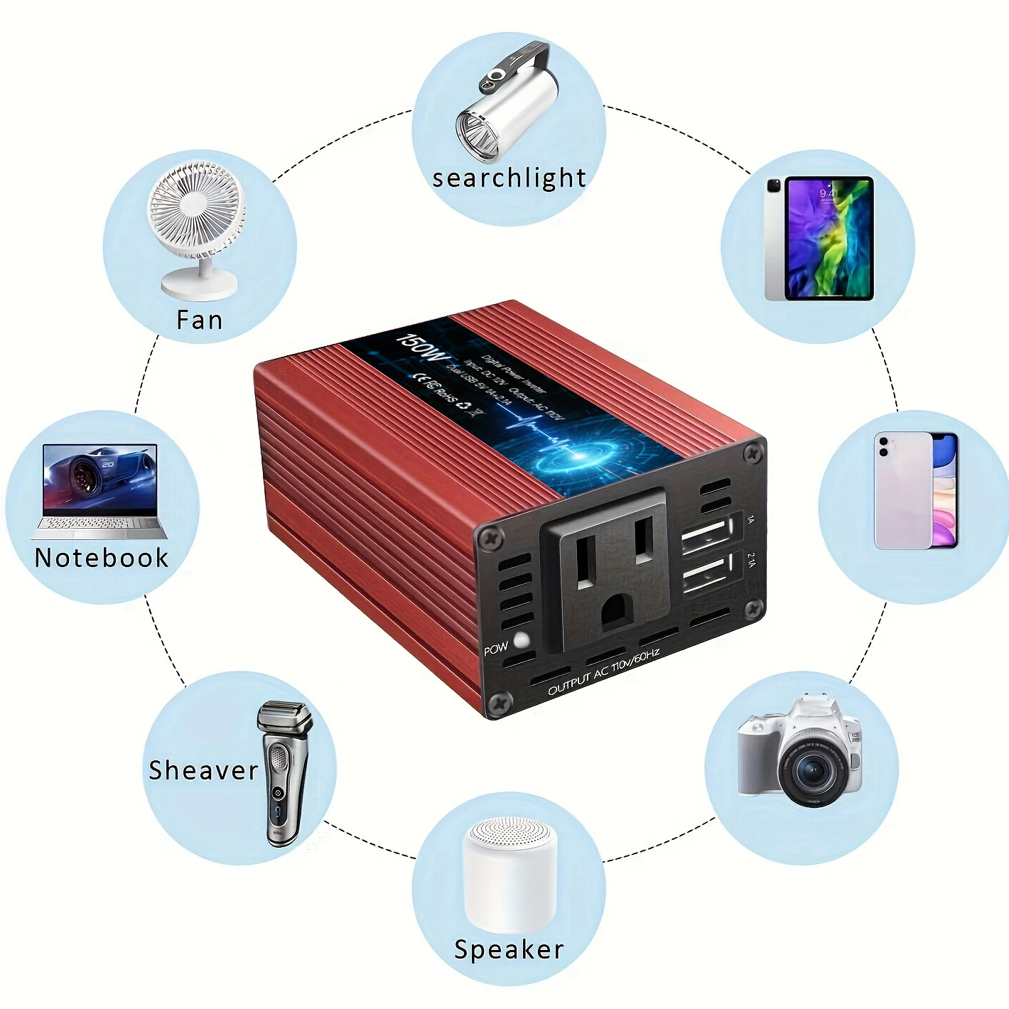 1 inversor de corriente para coche de 150W, convertidor de CA de 12V CC a 110V/220V con puertos USB duales de 3,1A, carga rápida para teléfono, iPad, portátil, Overlo