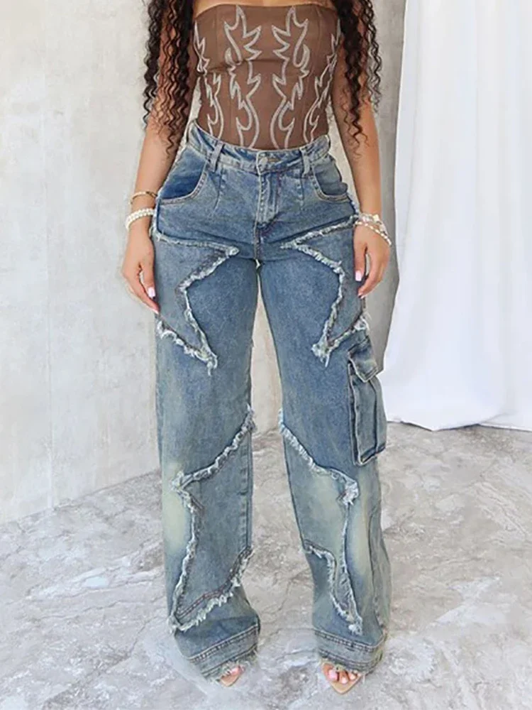 

Women's Star Patchwork Denim Pants High Waist Y2K Streetwear Pockets Staright Jeans Autumn Vintage Casual Denim Trousers 2025