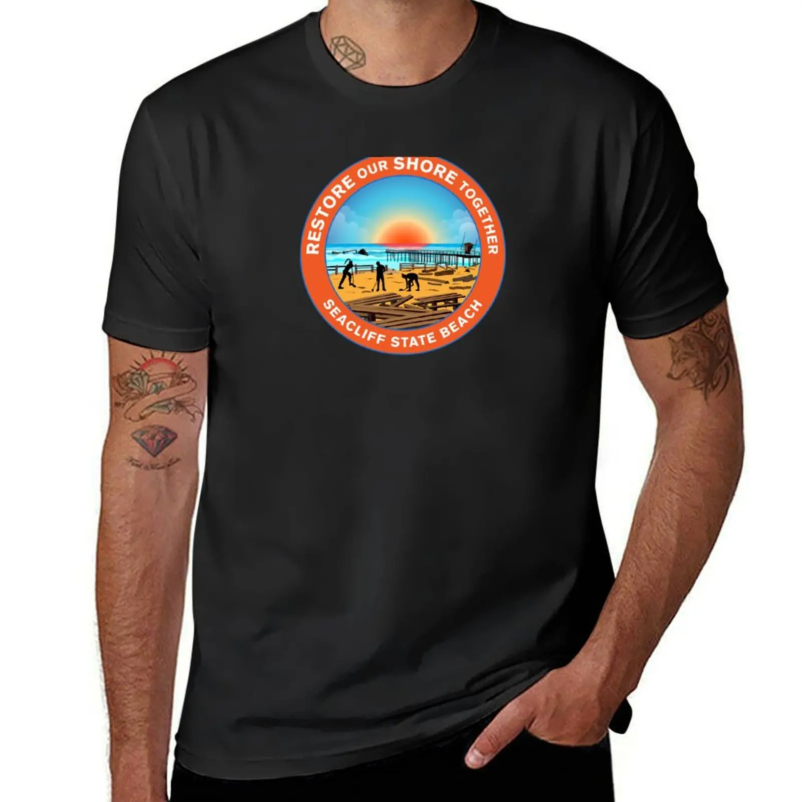 Restore Our Shore Together Seacliff State Beach California Black T-Shirt sublime graphics Men's clothing