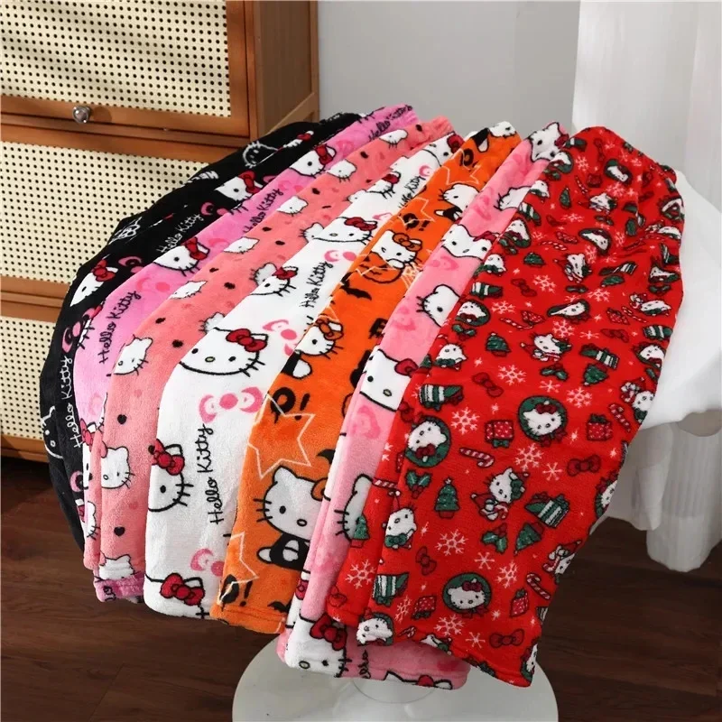 Sanrio Hello Kitty Pijama de flanela, Laranja, Lã, Desenhos animados, Casual, Calças para casa, Outono, Inverno Fashion, Trus, Quente, Halloween