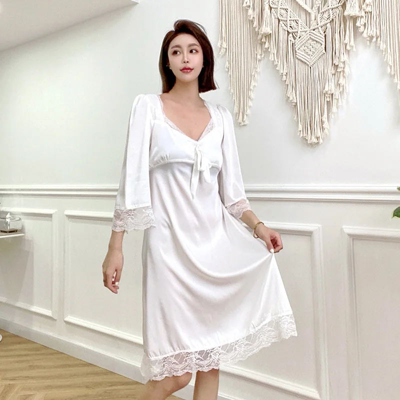 Spring and Autumn New Ice Silk Princess Nightdress Lace Girls Home Clothes Can Wear Pajamas Women