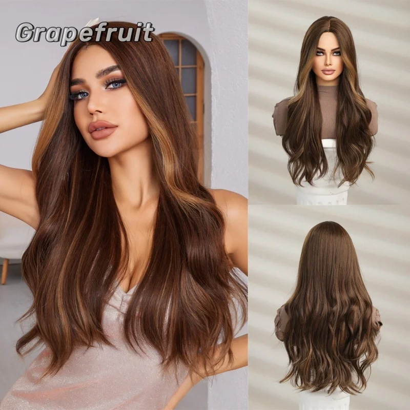Wig Female long hair natural full head brown highlights fluffy wavy wig set