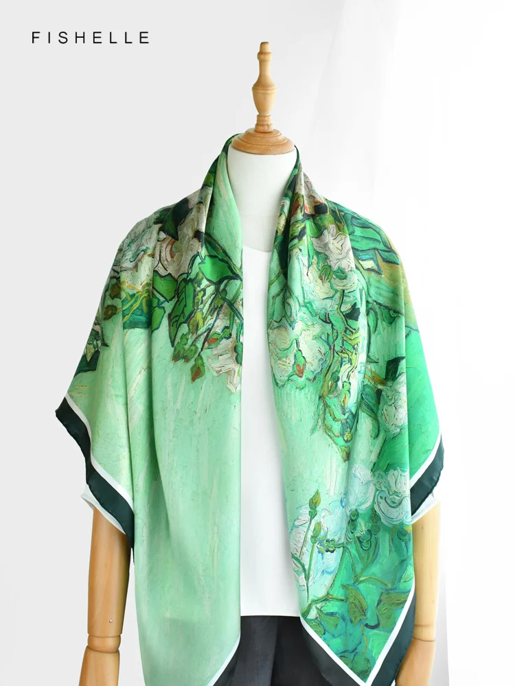 Green oil painting with white roses printed natural silk scarves women big square bandana spring autumn hijab real silk shawl