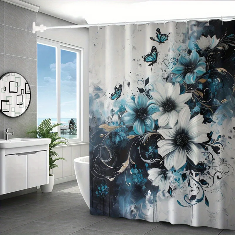 Flower partition digital 3D printing waterproof set bathroom window curtain no-drill shower Curt