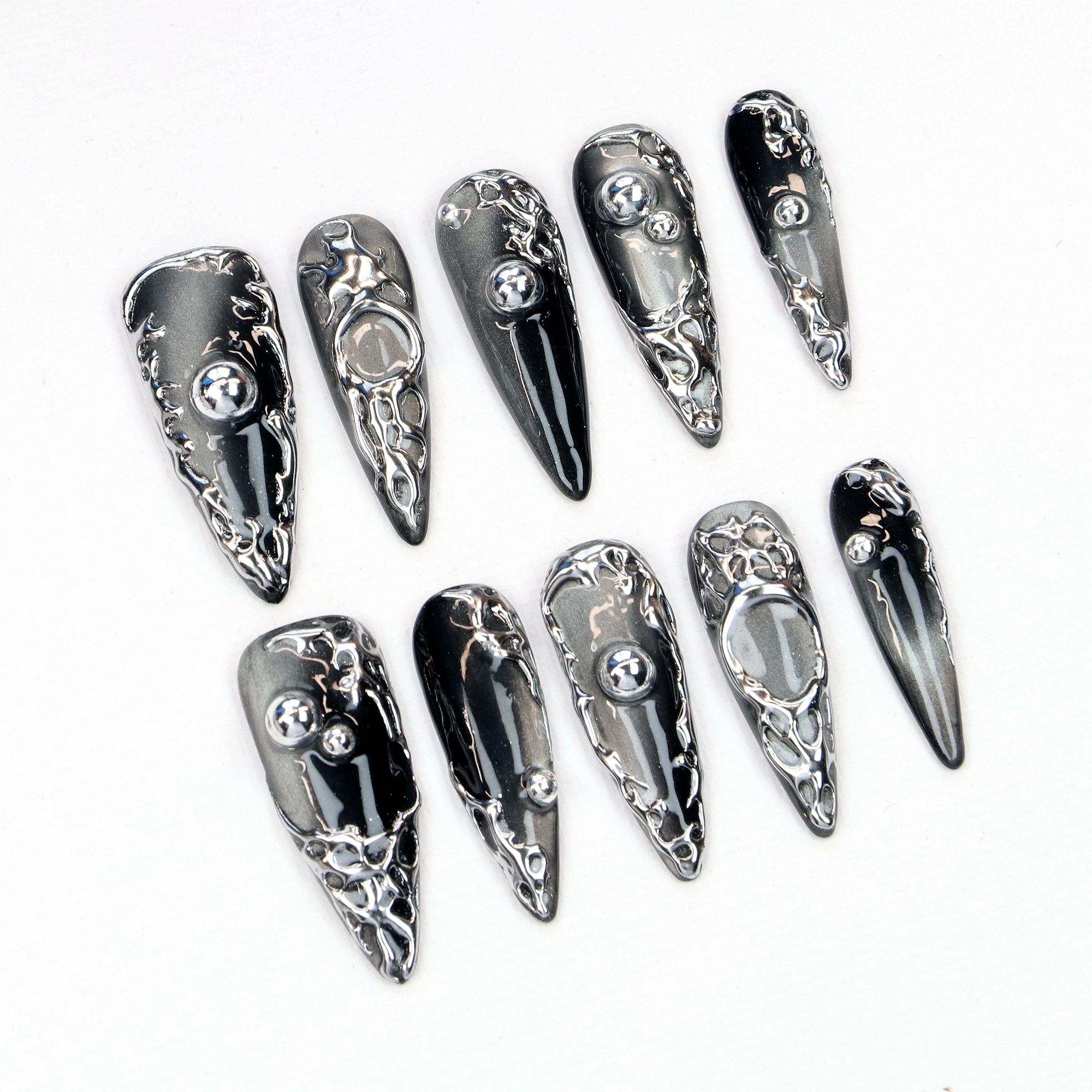 10Pcs Gothic Press On Nails,Custom 3D Metallic Silver and Cat Eye Nail Art,Dark Glam Punk Rock Long Stiletto Fake Goth