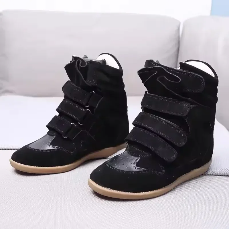 Zapatos de mujer invisibles con aumento de altura interior, zapatos deportivos de ocio con Tacón de Cuña, zapatos altos de cuero genuino con Velcro a la moda