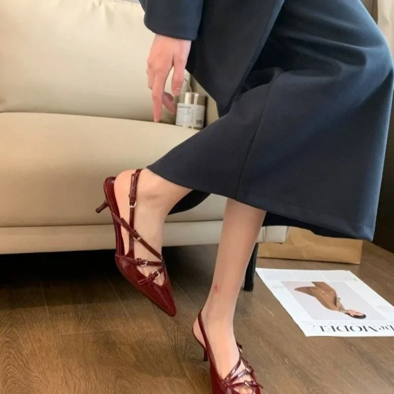 Sapatos Mary Janes de salto alto para mulheres, Slingbacks, bombas de vestido, dedo apontado, alça de fivela, saltos finos, feminino, novo, 2024