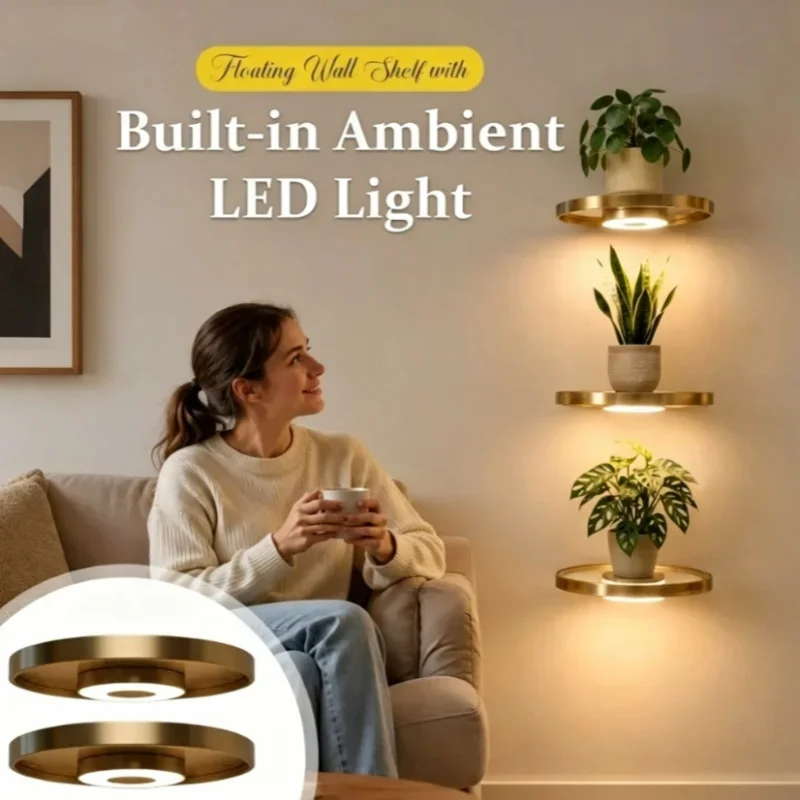 Gold Round Floating Wall Shelf with LED Light Built in Wall Mount Plant Display Rack for Bedroom Living Room Home Decor