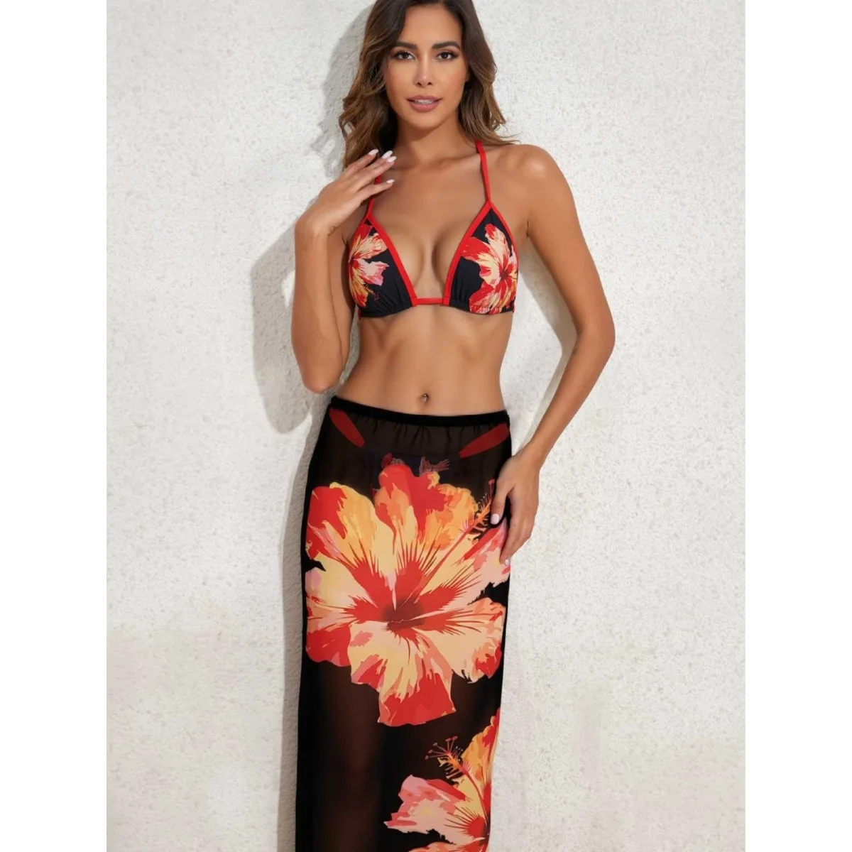 Hot Girl Vacation Style Bikini Set Flower Print Leace-up Bikini See Through Mesh Skirt Three Piece Sets Swimsuit Fashion Sexy