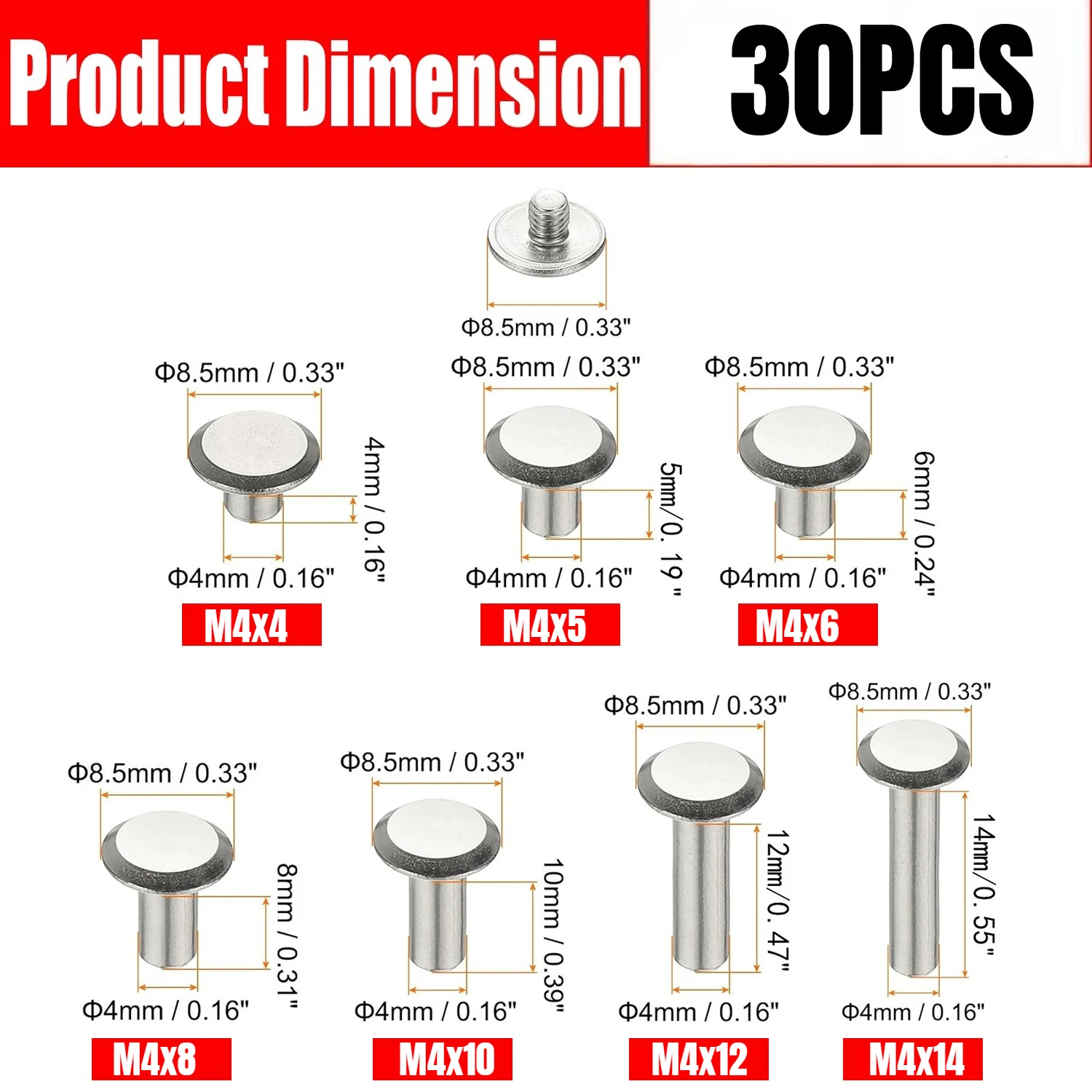 30pcs 304 Stainless Steel M4x4-14mm Cross Recess Chicago Screws Leather Nail Rivets for DIY Leather Belt Book Binding Craft