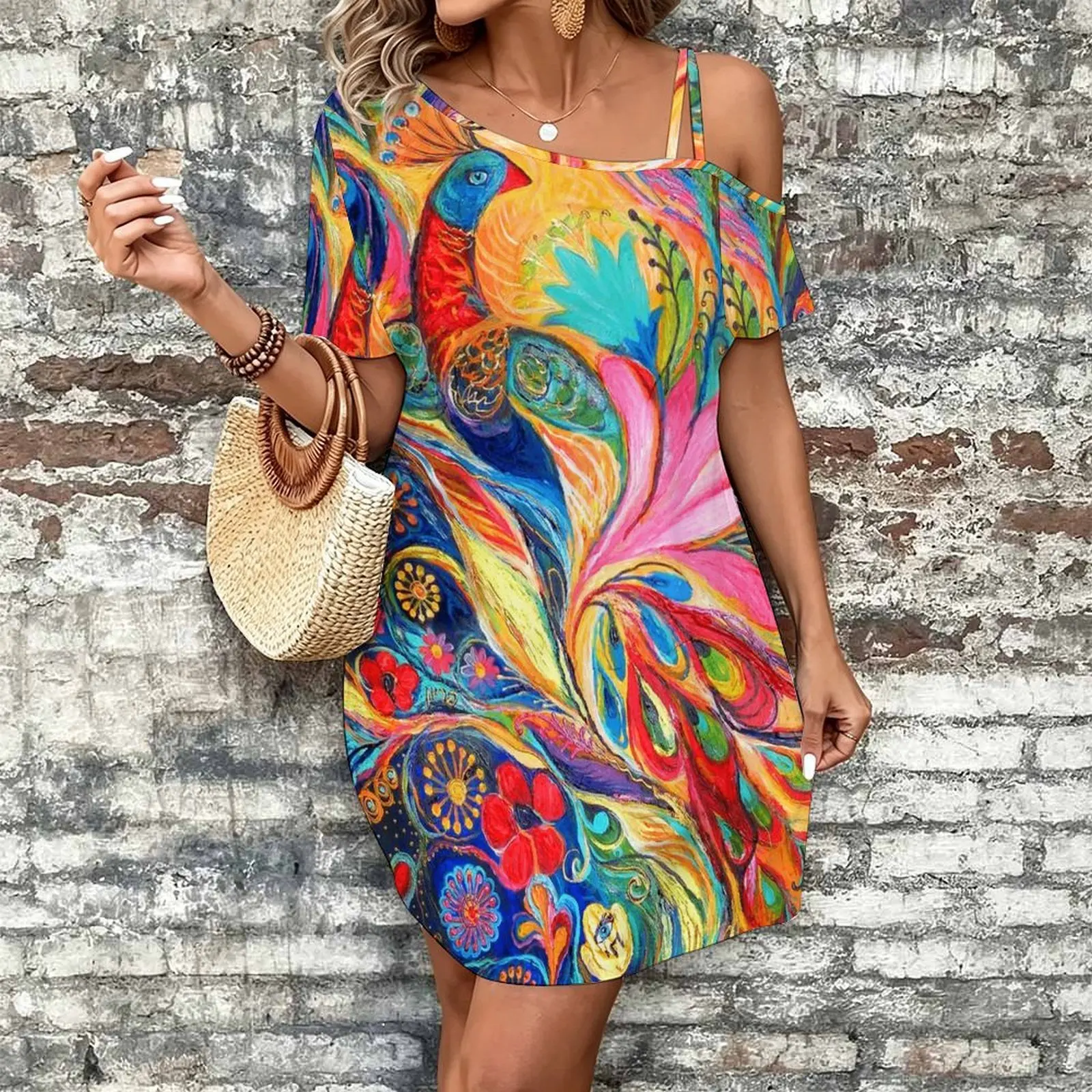 Women Print Cold Shoulder Short Sleeve Mini Dress Irregular Off Shoulder Casual Loose Tunic Dress