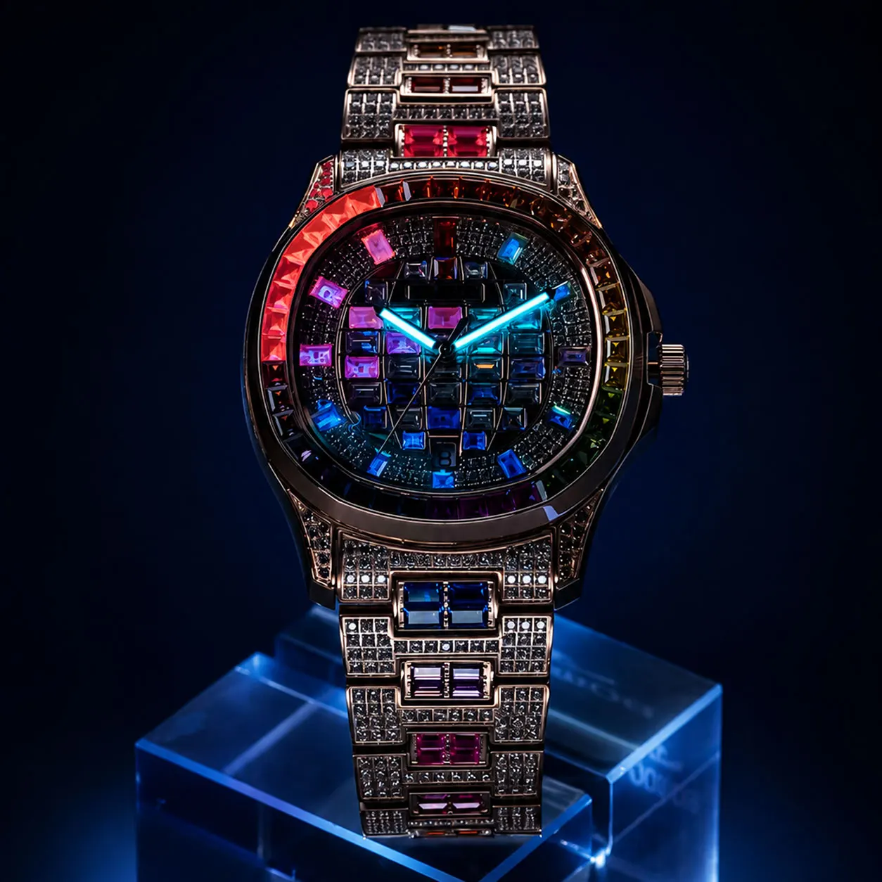 OBLVLO 40mm Square Rose Gold Automatic Watch Rainbow Baguette Zircon/Moissanite Bezel Bracelet Elegant Timepiece FM-DSL-AD