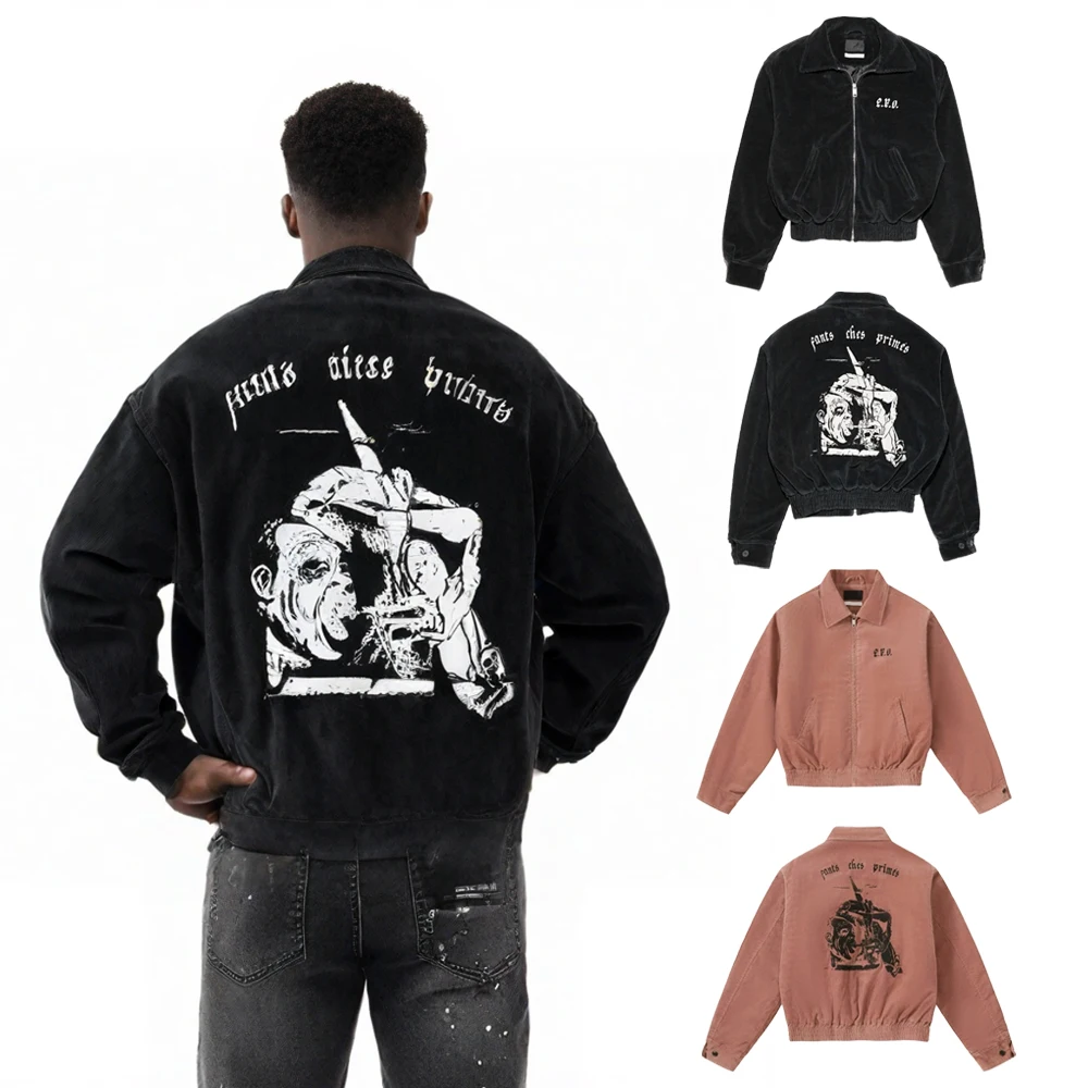 

Y2K Clothing Vintage Corduroy Jackets with Distressed Printed Hip Hop Street Style Casual Streetwear Cotton Retro Zip Up Jackets
