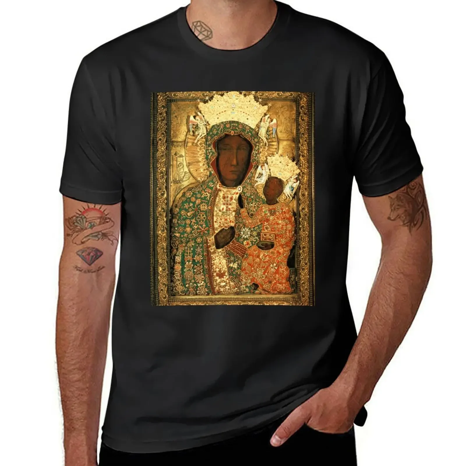 Polish Black Madonna Icon, Christian Catholic art. Our Lady of Czestochowa wall art T-Shirt quick-drying mens vintage t shirts