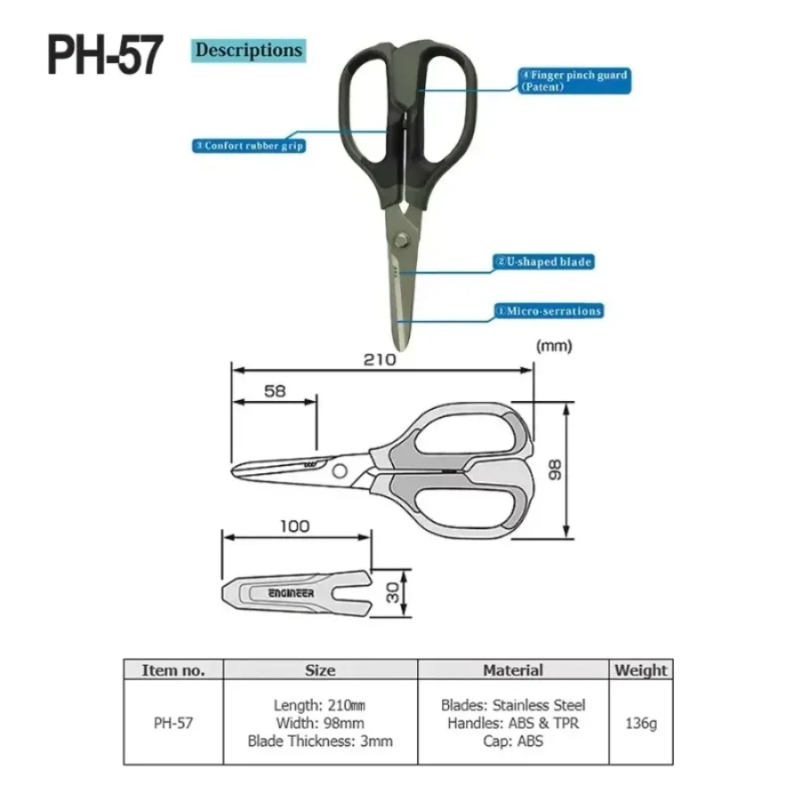 ENGINEER PH-57 Super Scissors, 2-in-1 Anti-slip Serrations & U-Shaped Blade, Multipurpose Heavy - Duty Shears
