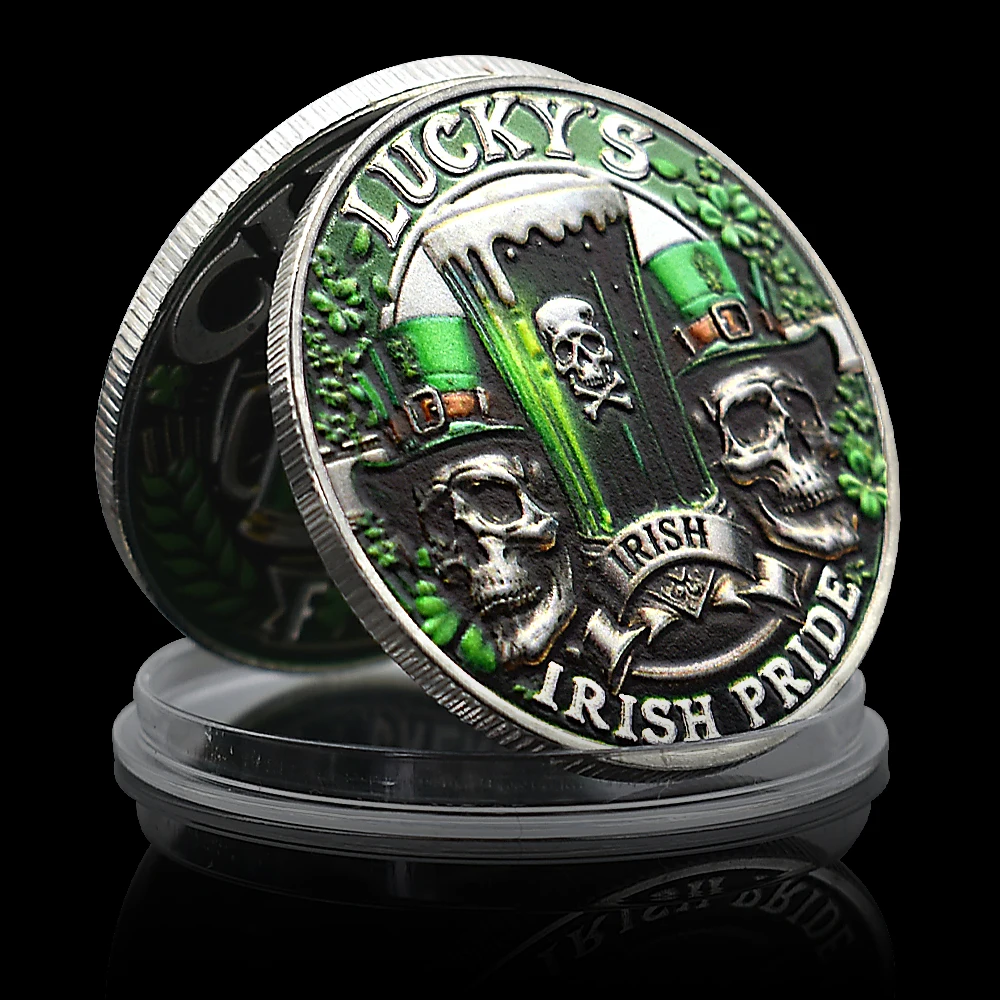 Lucky’s Irish Pride Silver Plated Commemorative Coin Set – St. Patrick’s Day Collectible, Green Beer & Skull Design Gift