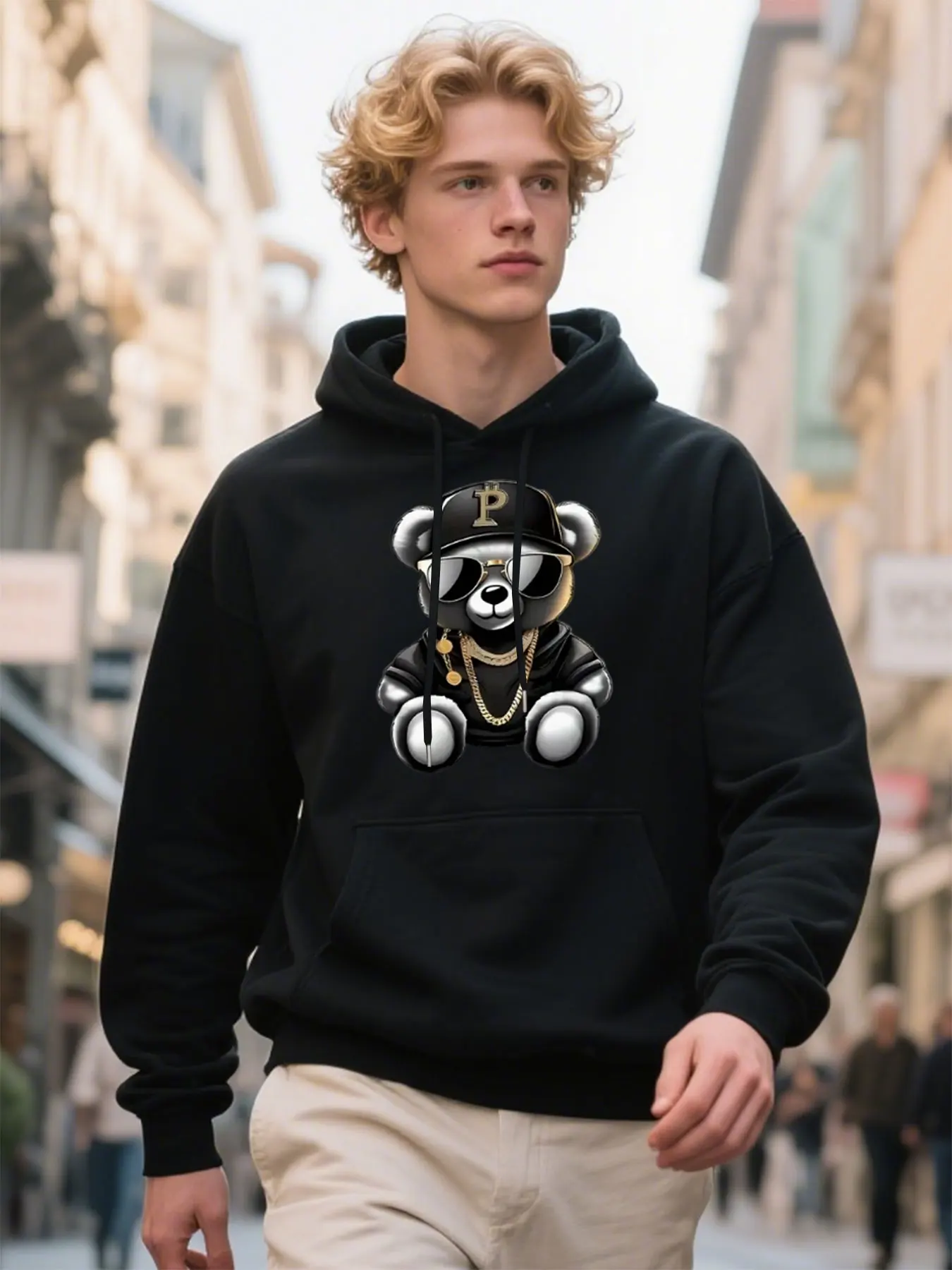 

​Men's Comfort Hoodie With Retro Urban Teddy Bear Graphic, Soft Fleece Fabric For Sports Daily Wear, Thanksgiving Gift For Him