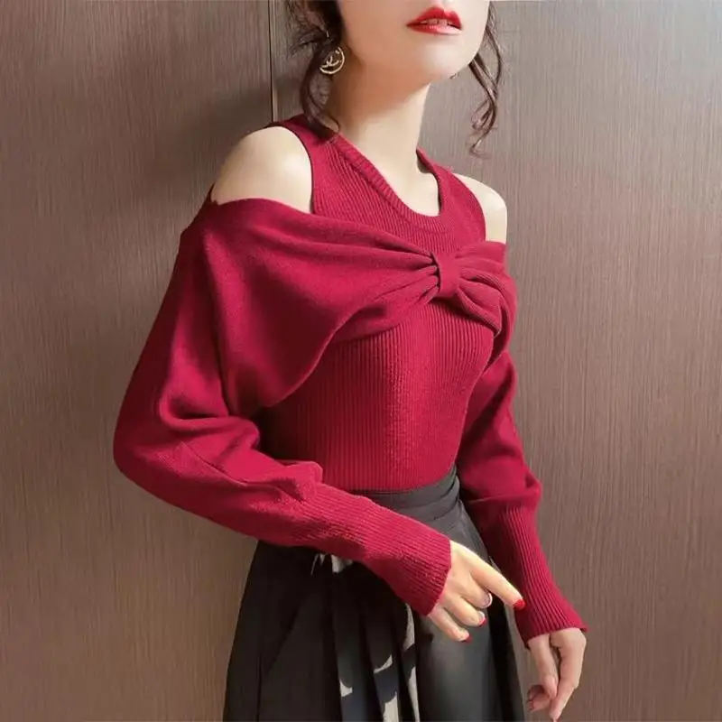 Bohémien elegante girocollo con spalle scoperte manica lunga donna primavera autunno nuovo fiocco impiombato lavorato a maglia comodi top