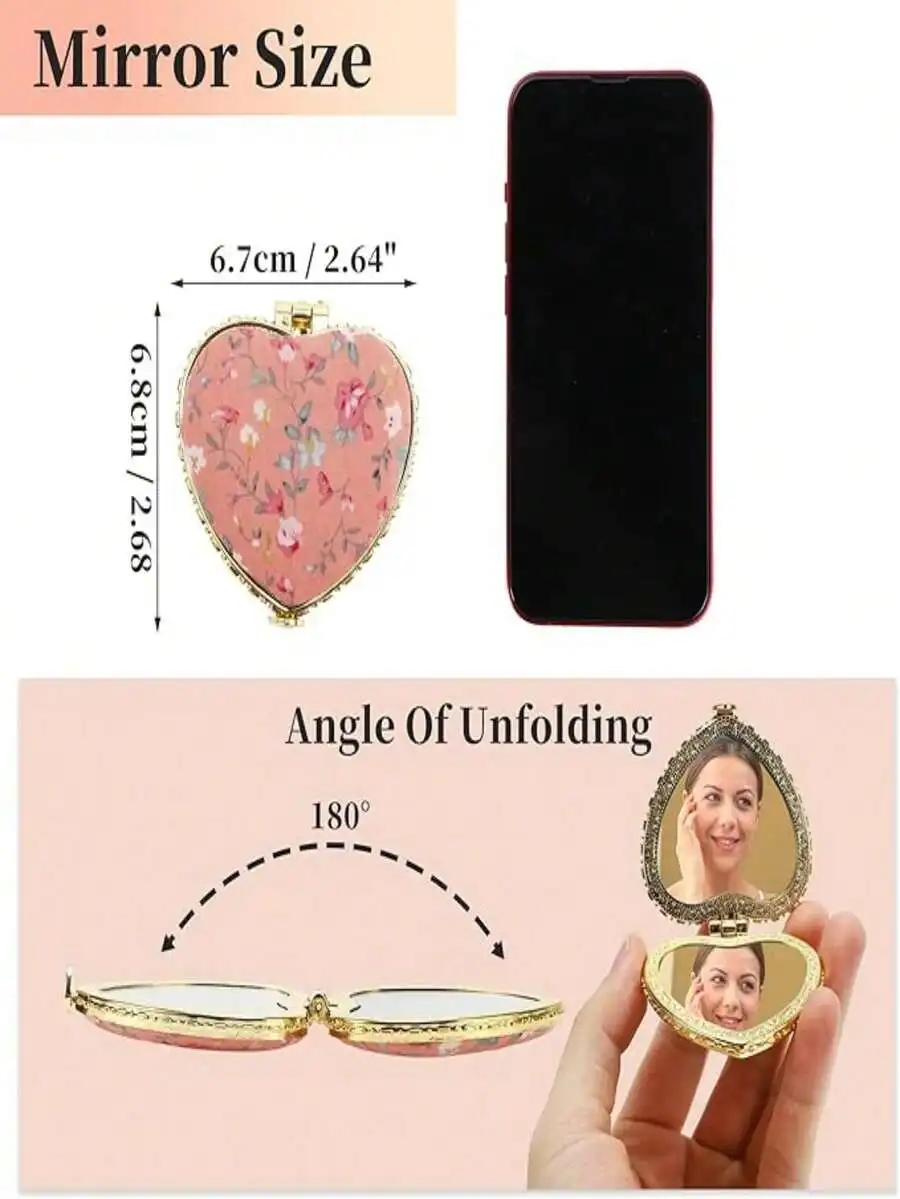 

Retro Floral Print Double Sided Folding Makeup Mirror Portable Compact Handheld Travel Mirror For Women