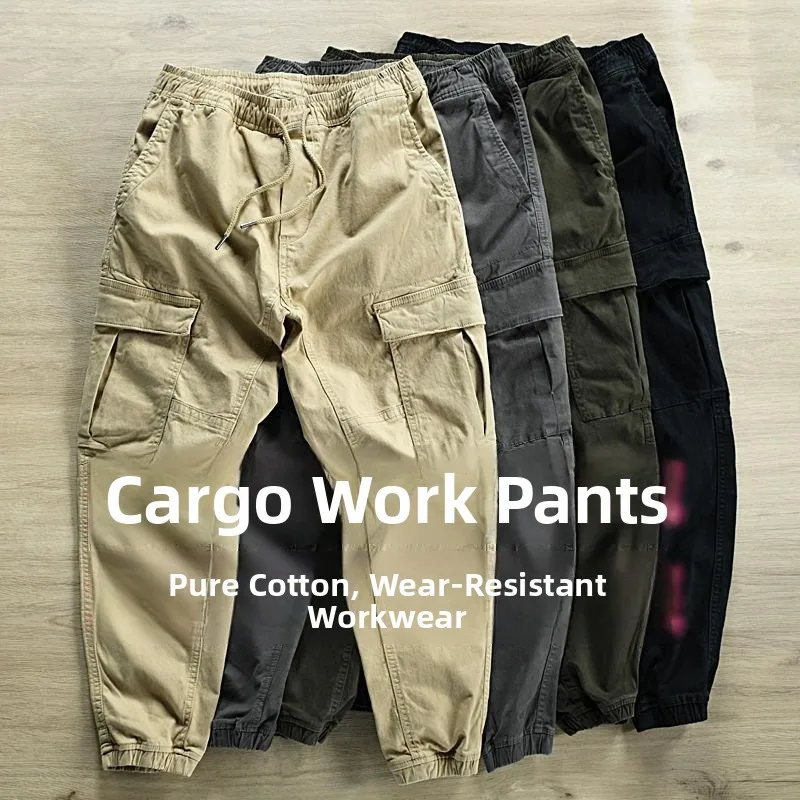 

Men's Workwear Pants Multiple kets Casual Wide Leg Outdoor Leisure Cotton Trousers mid Waist Youth Faion Khaki Color