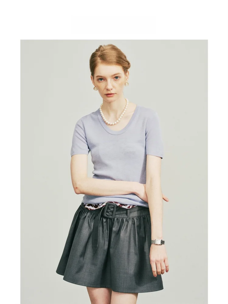 Havehas Commuter Grey Wool Blend High-Branch Fleece Short Skirt with Pleats And Belt City Commute Polyester Fiber A-Line Skirt