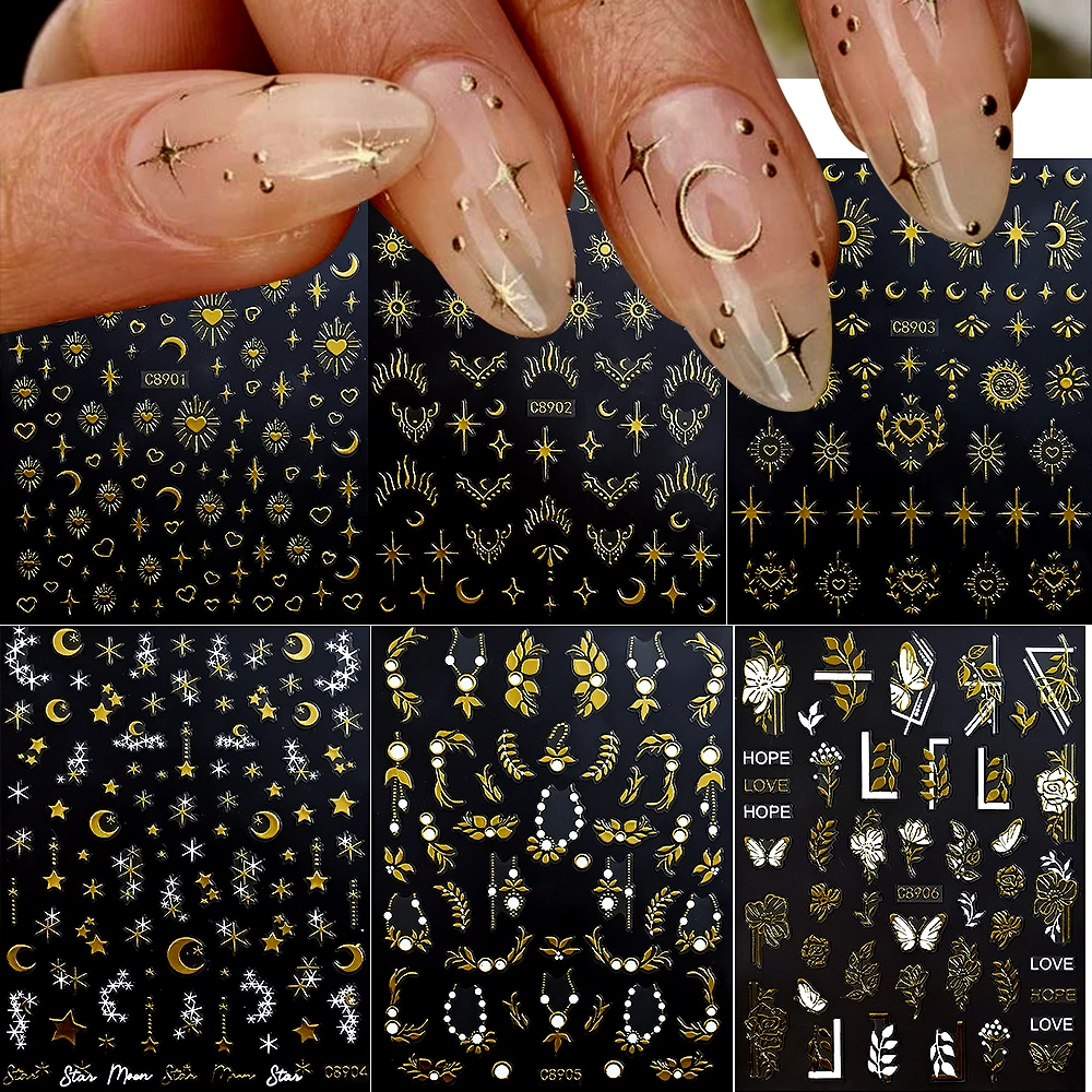 4/6Pcs/set Bronzing Gold Sun/Moon/Star Nail Art Sticker 3D Laser Metal Star Moon Nail Decal Self-Adhesive Bronzing Nail Slider