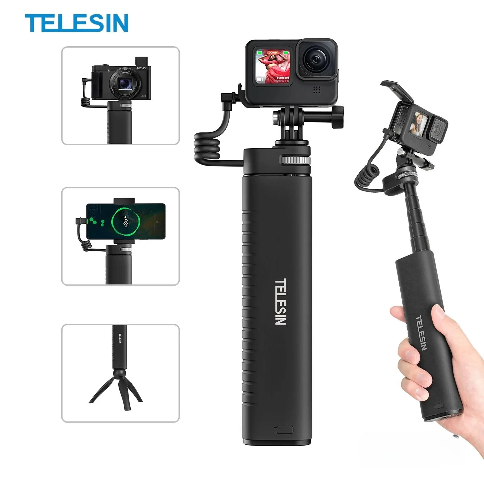 

TELESIN Rechargeable Selfie Stick for Phone Gopro Hero 13 12 11 10 9 DJI OSMO Action 4 3 Insta360 High-Capacity Battery Monopods