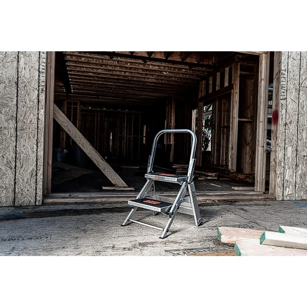 アルミニウム製2段折りたたみはしご、2フィート、耐荷重300ポンド、タイプ1A、安全ステップスツール、グレー、頑丈、コンパクト収納、簡単