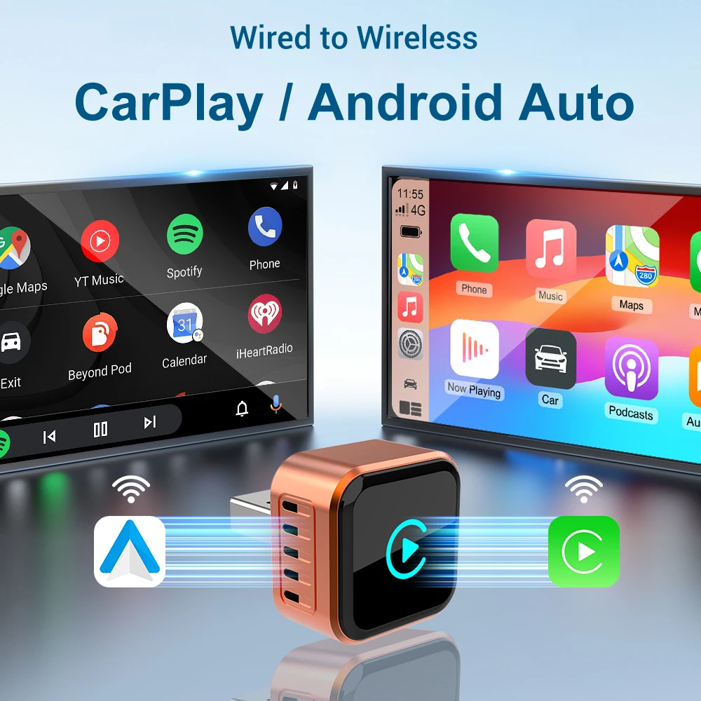 2026 NEW Upgraded Wired To Wireless Carplay Android Auto 2In1 Adapter Car Gadget Smart Box Plug and Play 5Ghz Wifi Fast Connect