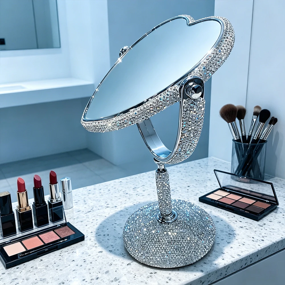 Luxury Crystal Diamond Encrusted Heart Vanity Mirror 360°Rotatable Double Mirror Table Cosmetic Mirror For Bedroom Dresser