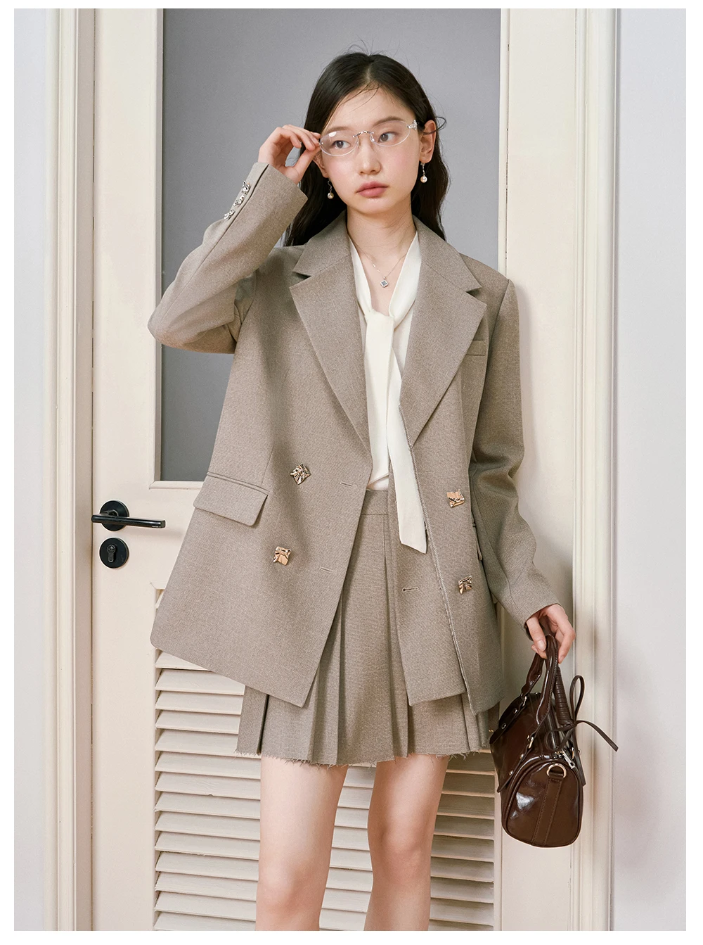 Allingentle Khaki Women's 2 Piece Set Double-Breasted Blazer Fashion Women Skirt Suit Set for Office Outfits Customize