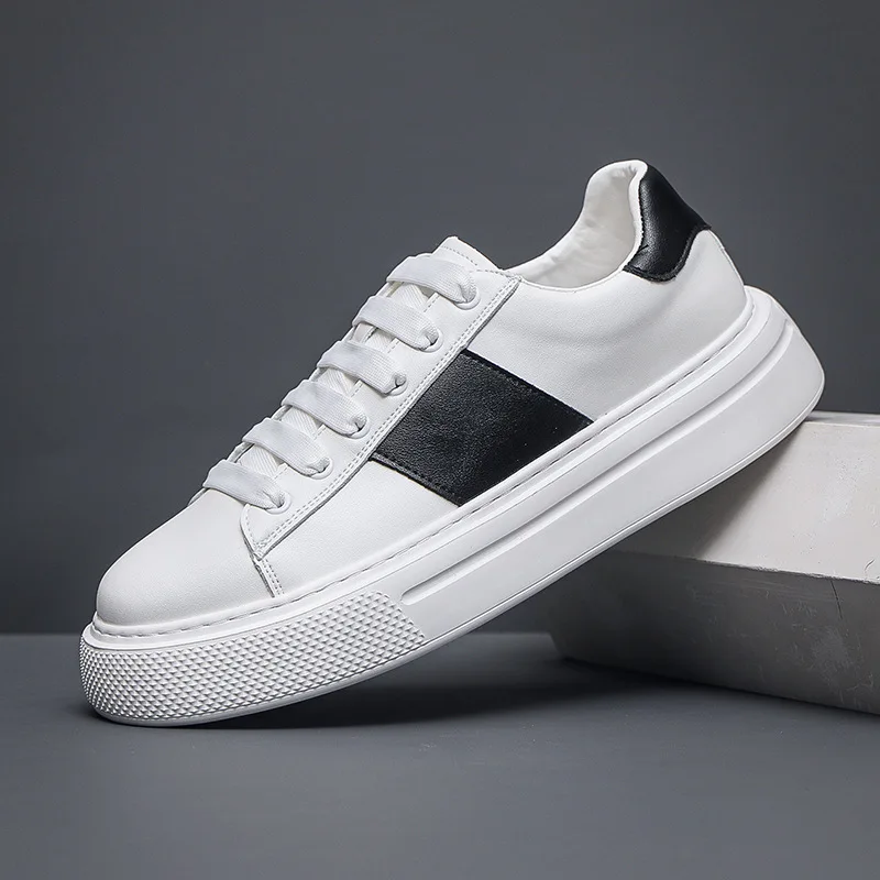 New Men Cow Leather Casual Shoes White Flat Skate Shoes Young Man Sneakers