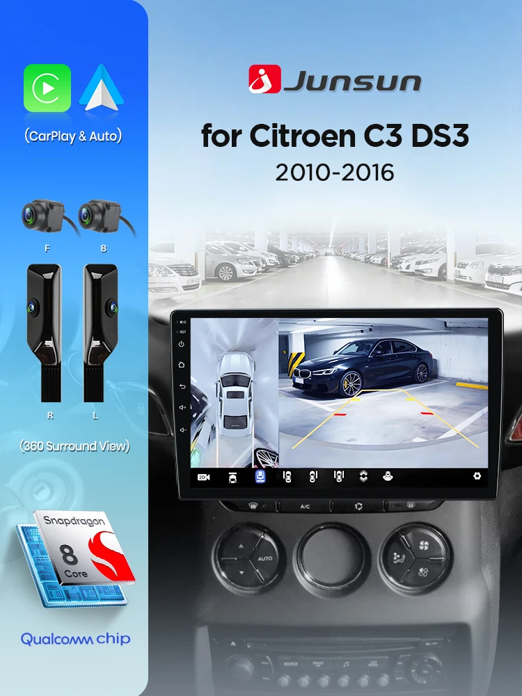 Junsun Autoradio für Citroen C3 DS3 2010-2016 360 °   Panoramakamera Kabelloses CarPlay-Display Android Auto Stereo Intelligentes Autosystem KI-Sprachsteuerung 4G LTE GPS DSP SWC RDS WiFi BT Navi IPS
