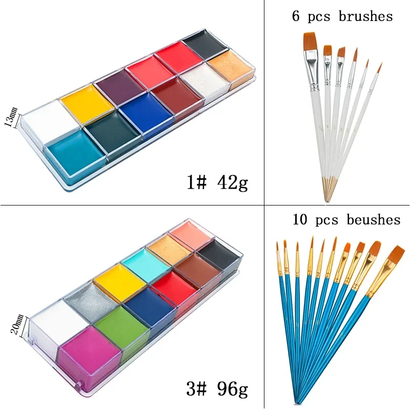 12 Colors Face Body Painting with 6/10 Brushes Halloween Party Professional Special Effects Makeup Kit